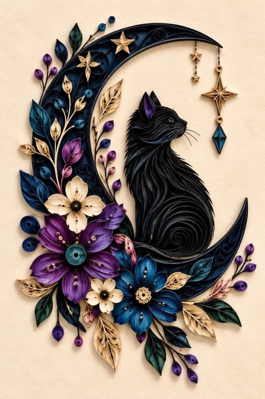 4x6 Framed Black Cat Crescent Moon Floral Art Print